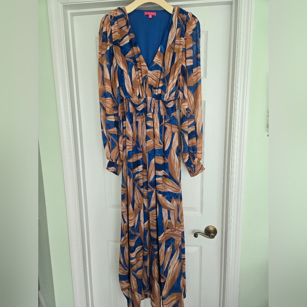 Flying Tomato Long Sleeve Dress in Blue and Brown Leaf Design